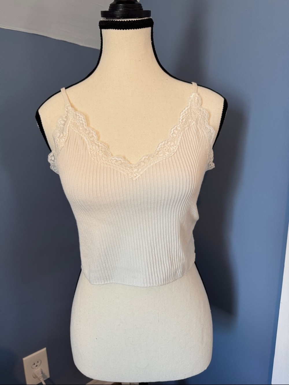 Francesca's Collections White Ribbed Lace Trim Cropped Tank Top
